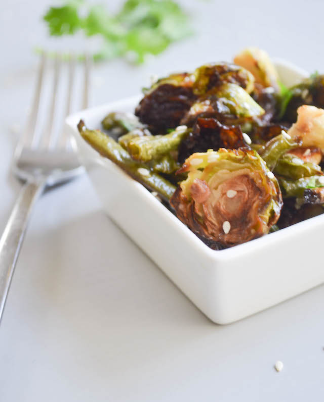 Roasted Brussel Sprouts and Green Beans with Asian Vinaigrette