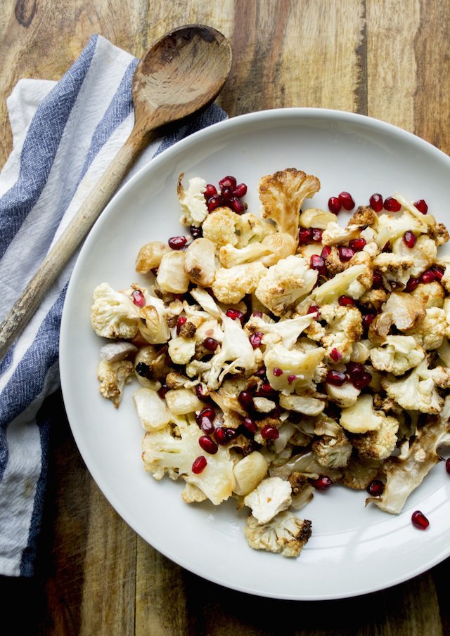 Beautiful roasted cauliflower and pomegranate seeds for the holiday season
