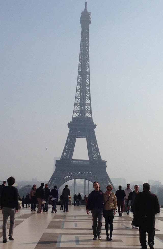 View of the Eiffel Tower from Trocadero on a hazy afternoon