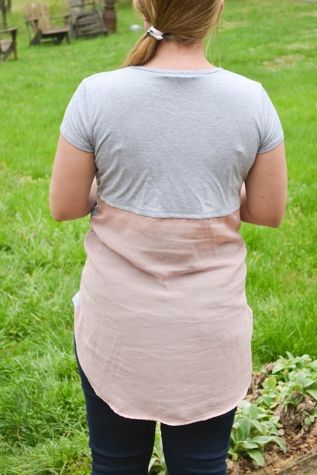 Back of the Loveappella Plumeria Mixed Material Maternity Top