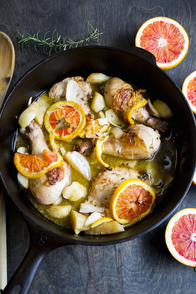 Braised Chicken with Blood Oranges and Jerusalem Artichoke