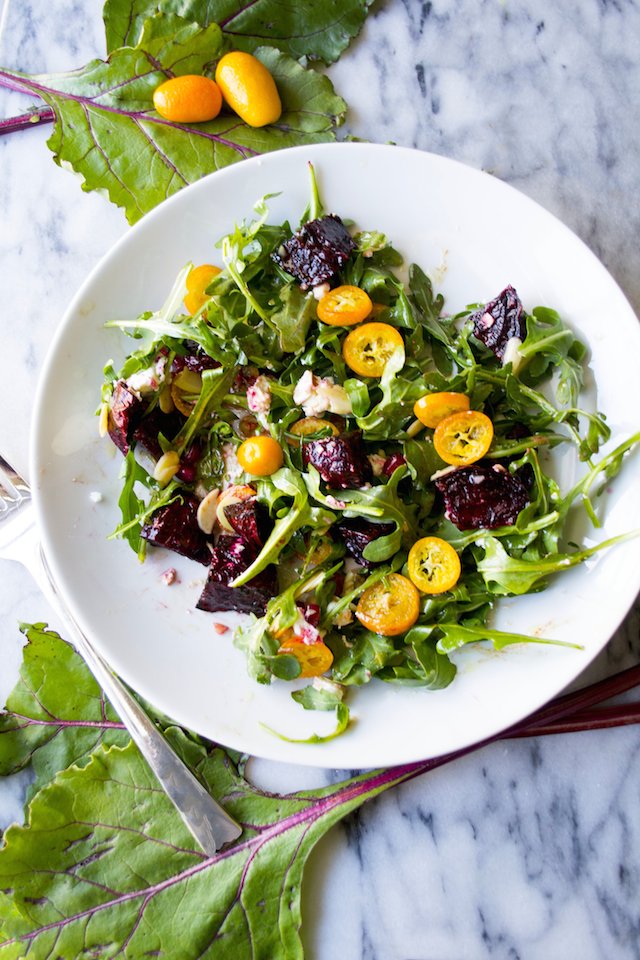 Roasted Beet Salad with Goat Cheese and Kumquats.