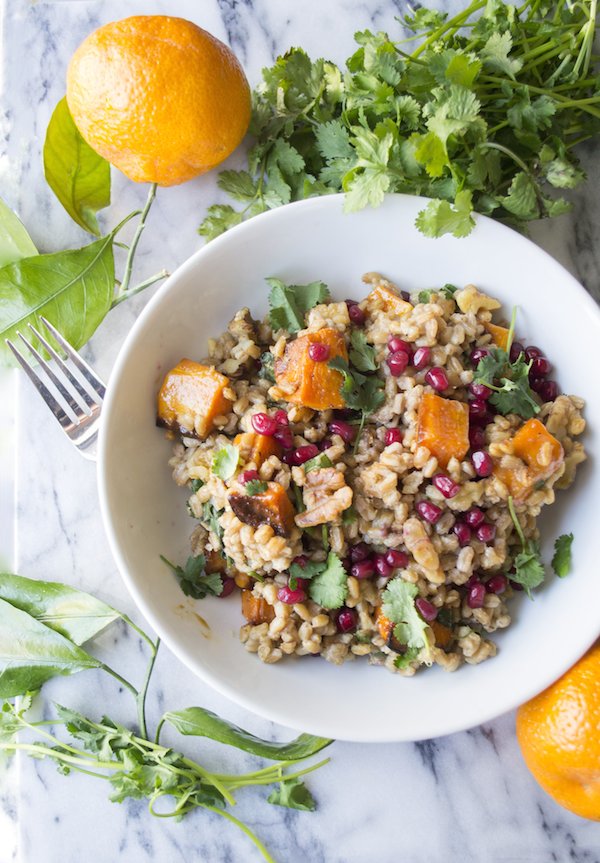 Warm Farro Salad with Butternut Squash and Pomagranate