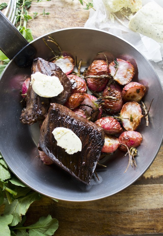 Pan Seared Hanger Steak with Roasted Radishes