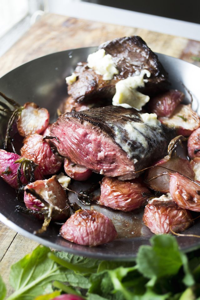 Pan Seared Hanger Steak with Roasted Radishes