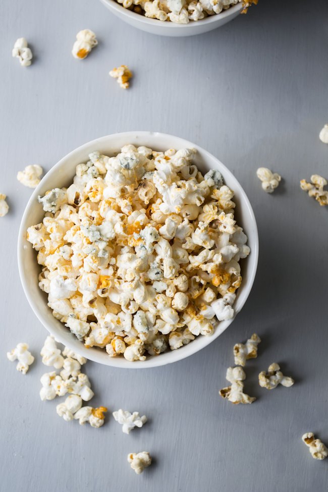 Buffalo Popcorn with Blue Cheese Crumbles