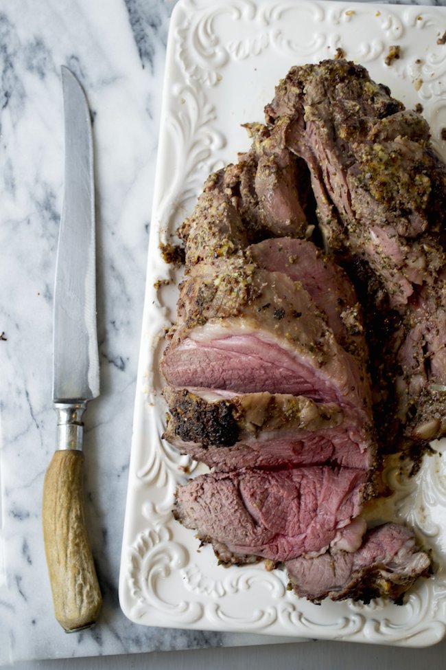 Roasted Leg of Lamb with Mustard, Shallot, Wine and Sunchoke Puree