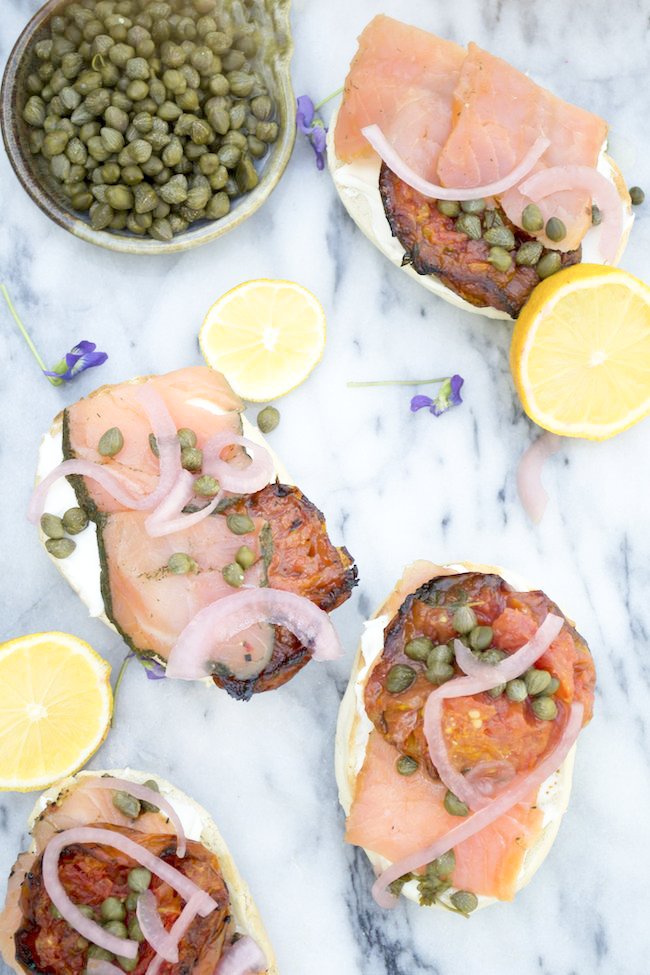 Bagels and Lox with Roasted Tomatoes and Pickled Onions