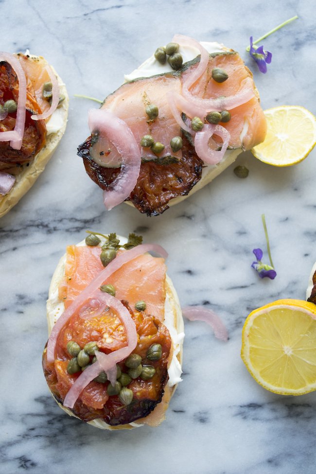 Bagels and Lox with Roasted Tomatoes and Pickled Onions