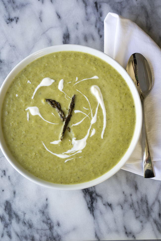 Roasted Asparagus Soup and Lemon Thyme Creme Fraiche